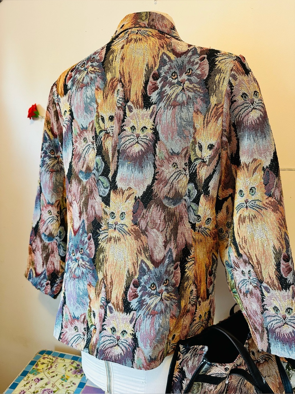 Vintage Multicolor Cat Tapestry Blazer & Matching Tote Bag Set - Picture 6 of 16